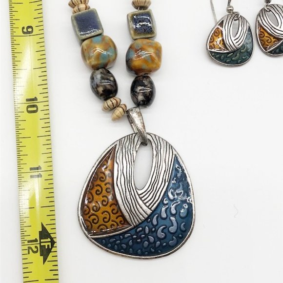 Vintage Artisan Enamel Pendant Necklace & Earrings Set with Ceramic Beads - Picture 10 of 11